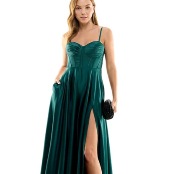B Darlin Juniors' Pleated-Bodice High-Slit Evening Gown - Picture 1 of 5